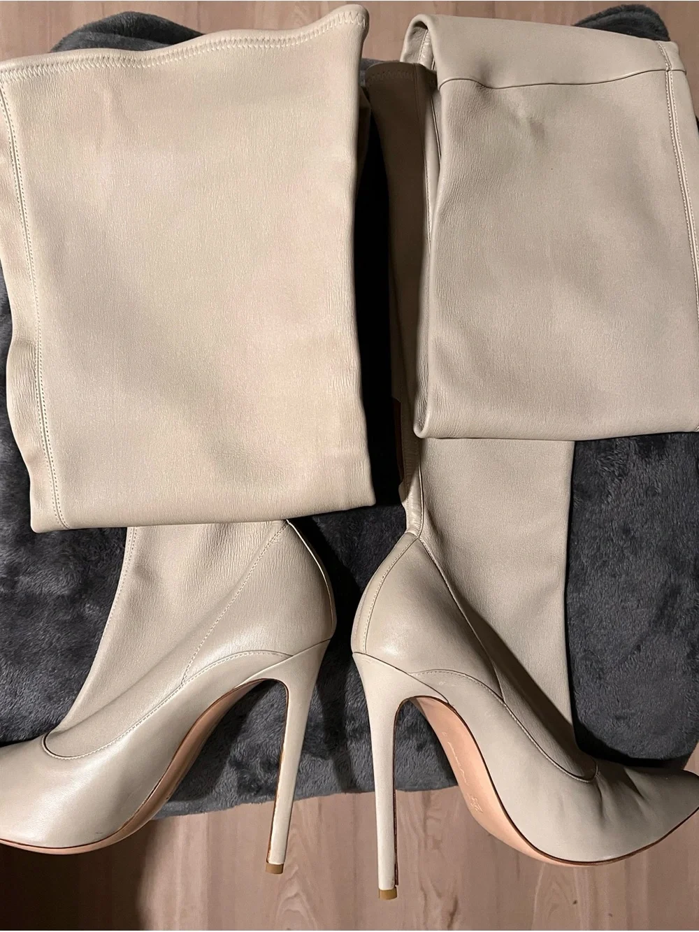 Tall Pointed-Toe Stiletto Boots in Beige